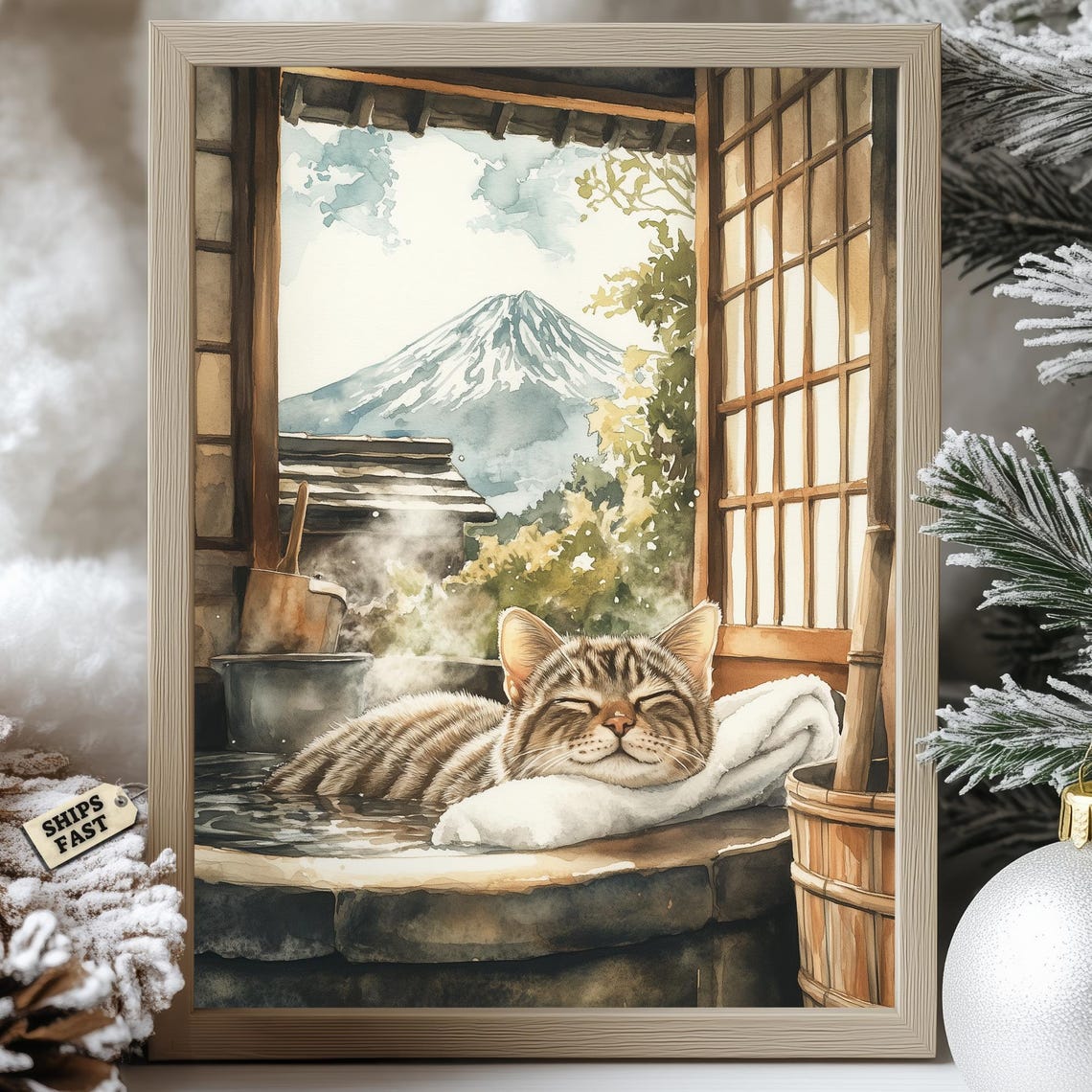 Modroom Japanese Onsen Cat Poster Mt Fuji View Relaxing Zen Hot Spring ...