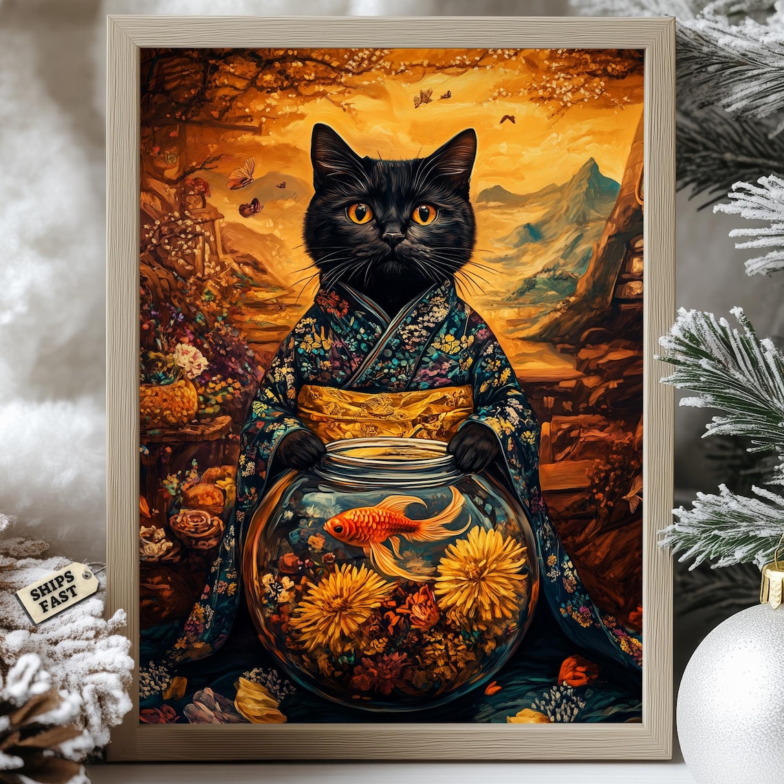Modroom Kimono Black Cat Poster Japanese Fantasy Samurai Floral Zen ...
