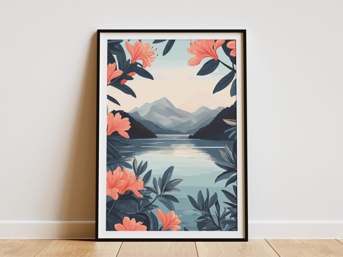 Curated visual reference: Minimalist Wall Art For Peaceful Homes Reference: Modroom Lake Rhododendrons Mountain Poster Nature Art Print Botanical