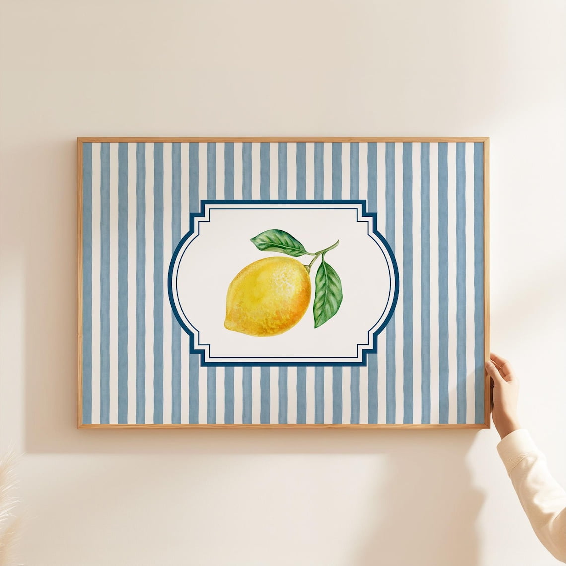 Modroom Lemon Kitchen Wall Art, Blue Stripe Fruit Decor Gift, Coastal