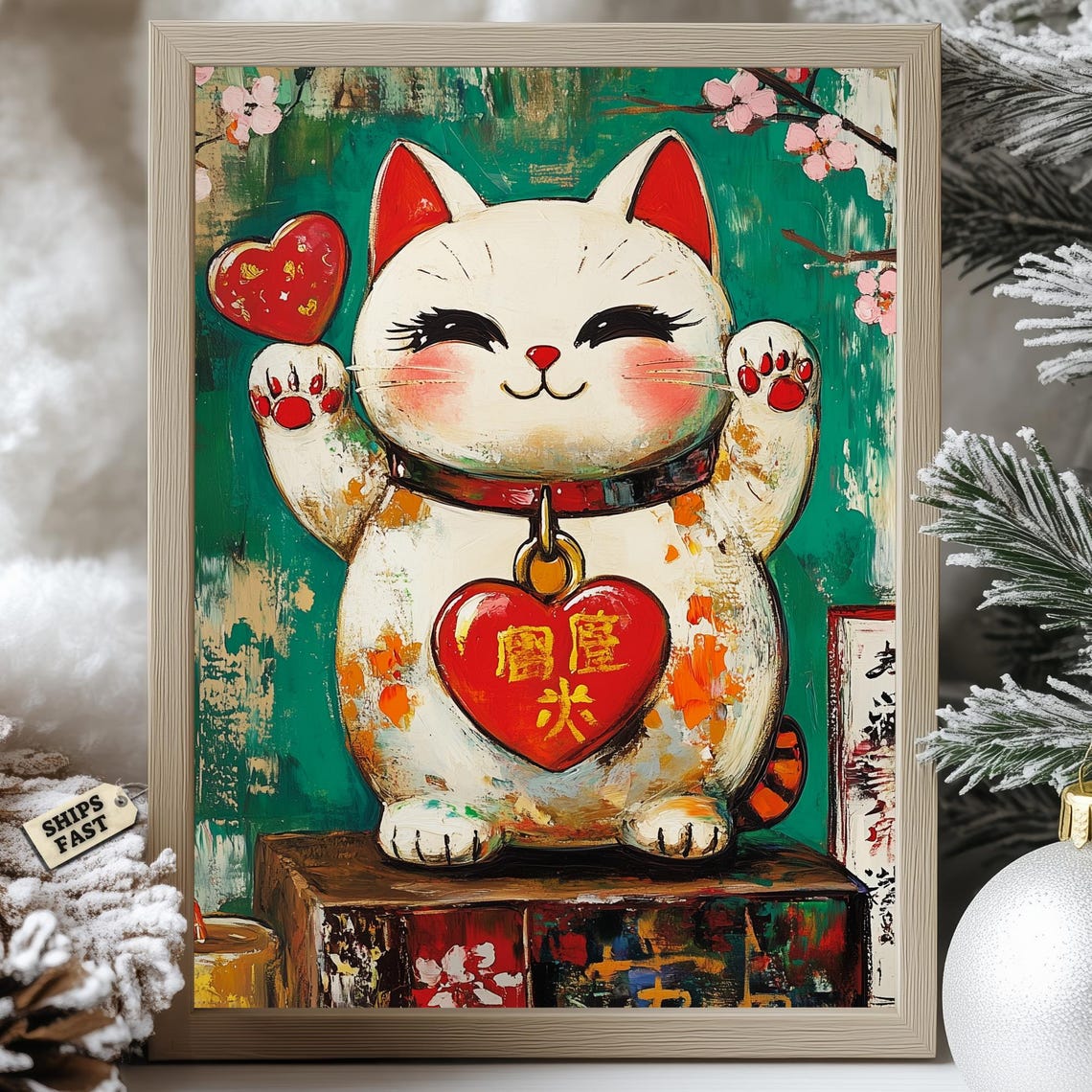 Modroom Lucky Cat Poster Maneki Neko Sakura Romantic Japanese Wall Art ...