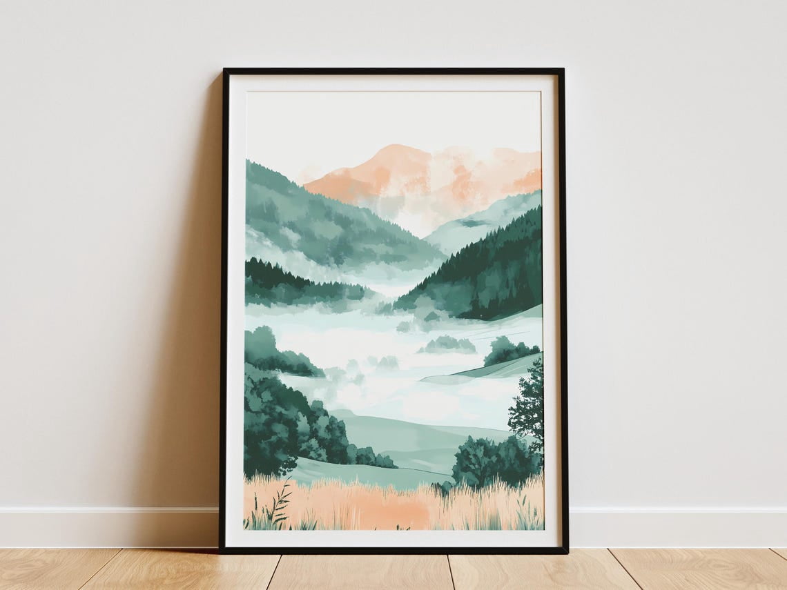 Modroom Misty Mountain Landscape Art Print Foggy Forest Poster Green ...