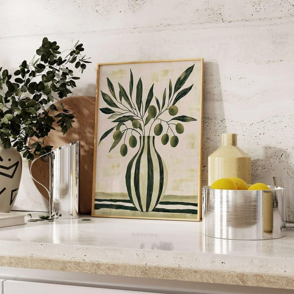 Modroom Modern Olive Branch Print, Mediterranean Kitchen Wall Art, Minimalist Botanical Vase, Tuscan Style, 16x24 UNFRAMED