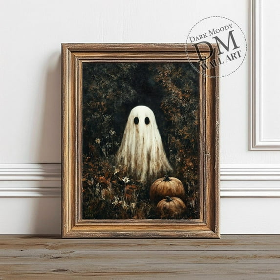 Modroom Moody Ghost With Pumpkin Print, Costume Party, Dark Cottagecore Print, Rustic Farmhouse Art, Vintage Dark Academia Decor, Modern Wall Art Decor, 16x24 UNFRAMED