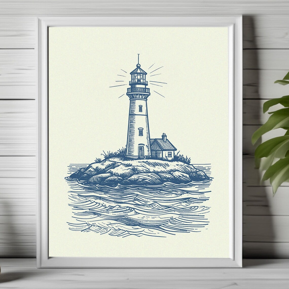 View of Modroom Nautical Lighthouse Print, Coastal Wall Art, Navy Blue Nautical ...