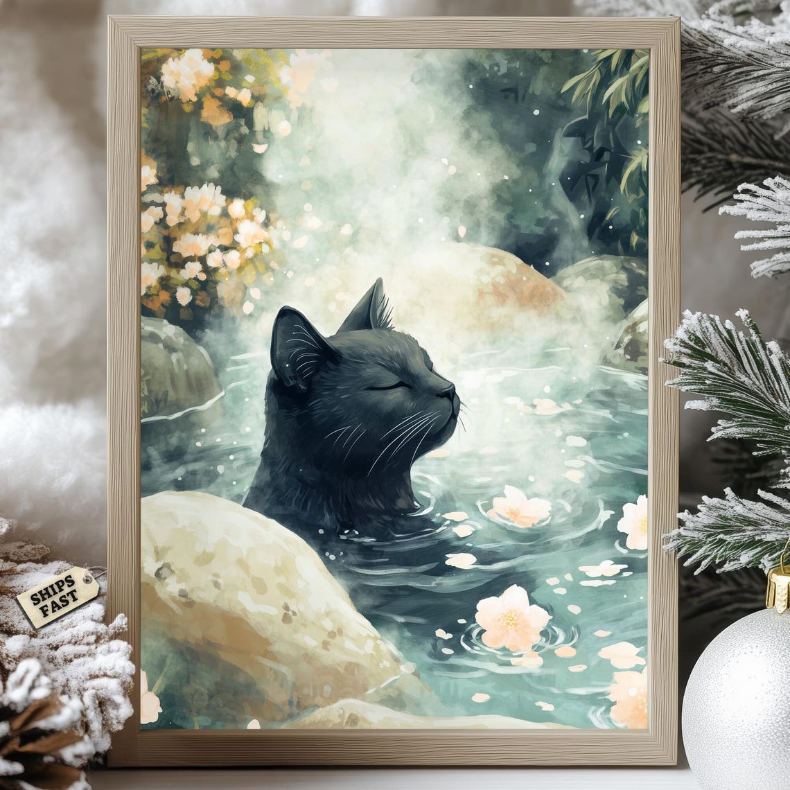 Modroom Onsen Black Cat Poster Japanese Hot Spring Zen Relaxing Wall ...
