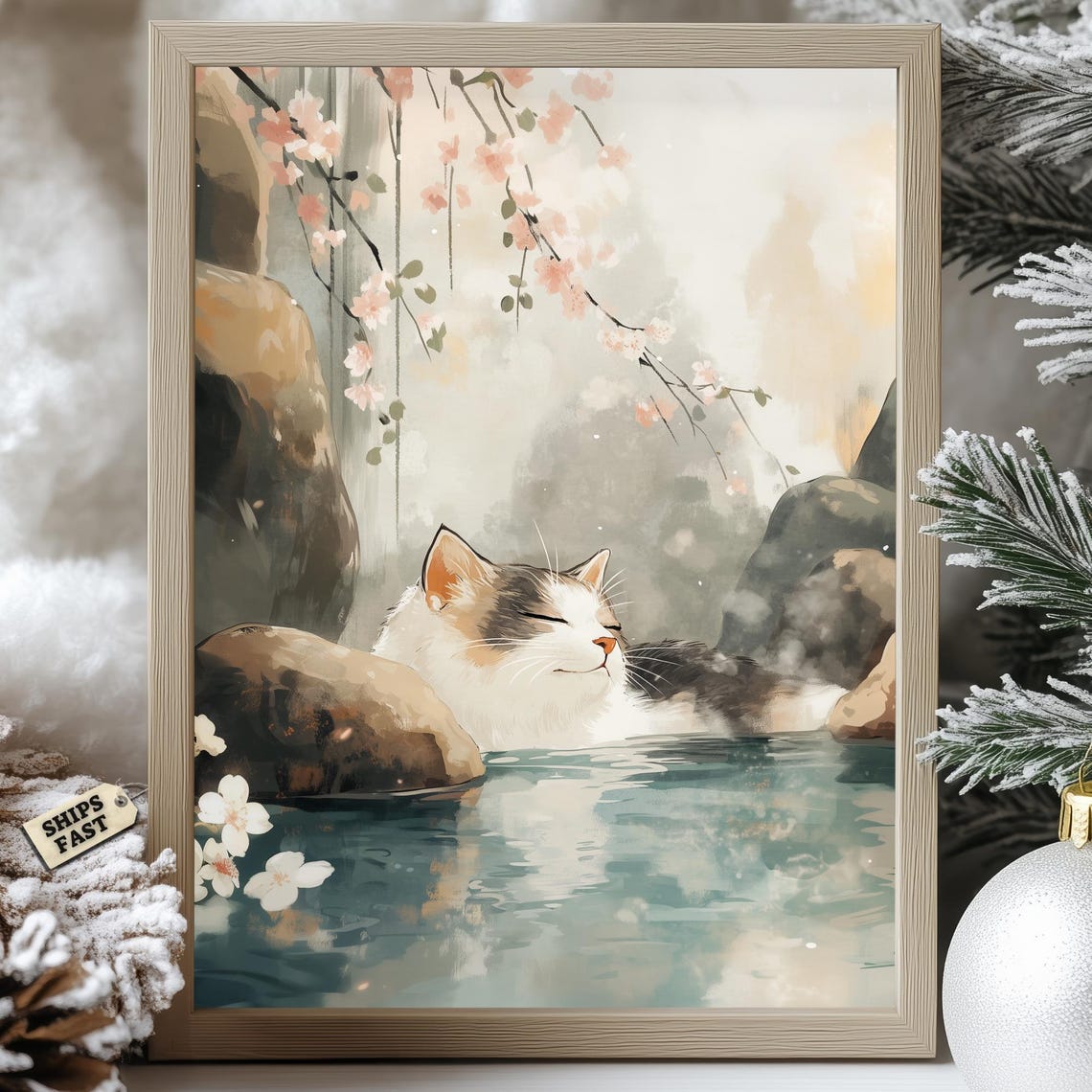 Modroom Onsen Cat Poster Japanese Hot Spring Sakura Spa Zen Wall Art ...