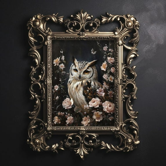 Modroom Owl in Flowers Poster, Gothic Dark Academia Vintage Floral Owl Wall Art, 12x18 UNFRAMED