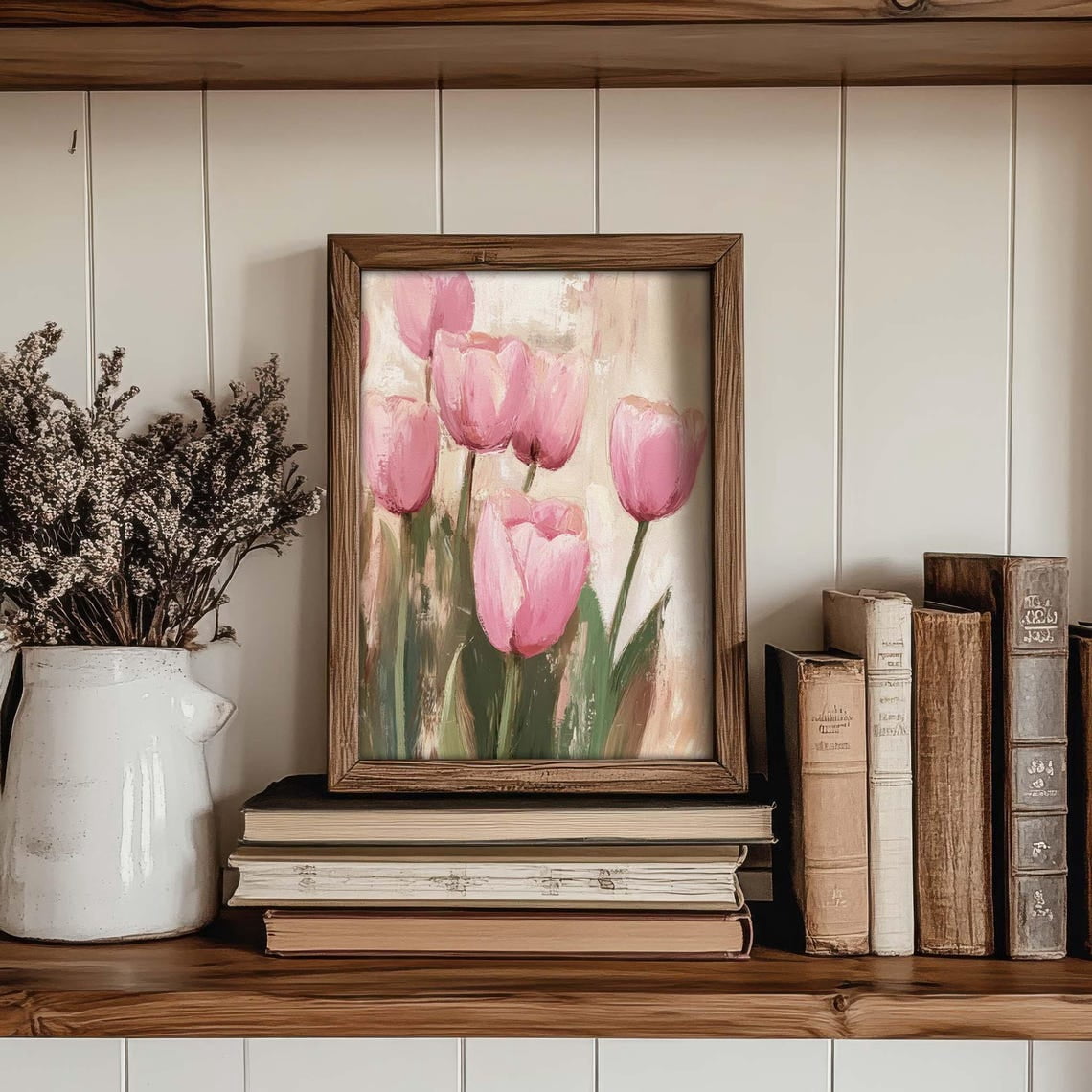 Modroom Pink Tulips Print Vintage Flower Wall Art, Cottage Spring Decor ...