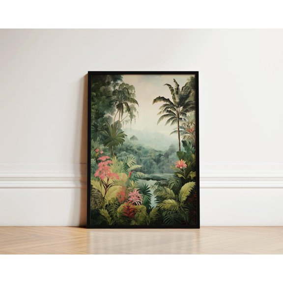 Modroom Rainforest Wall Art With Pink Flowers, Tropical Botanical Print, Island Luxe Jungle Poster, Boho Nature Decor, Resortcore Green & Pink Art Wall Art, Modern Wall Decor, 24x36 UNFRAMED