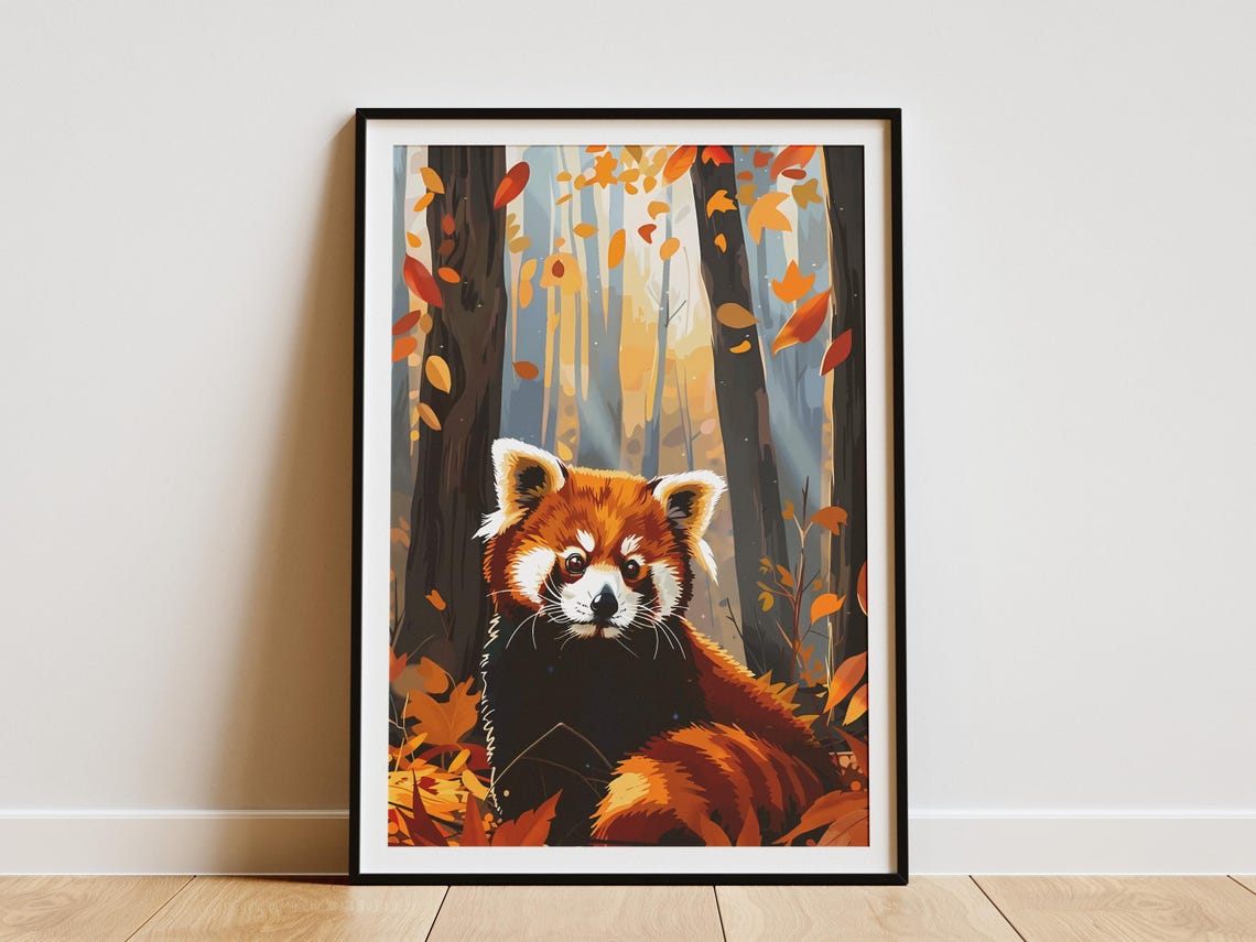 Modroom Red Panda In Autumn Forest Poster Wildlife Art Print Nature ...