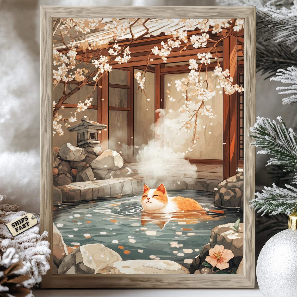 Modroom Relaxed Cat Onsen Poster Calico Sakura Hot Spring Zen Wall Art ...