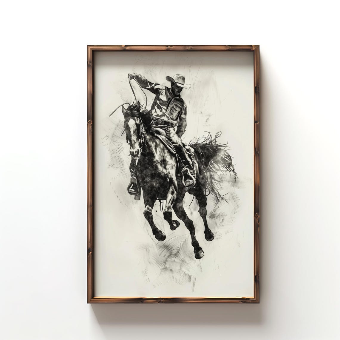 Young Rodo Schech Modroom Rodeo Cowboy Poster Print Vintage Western Horse Sketch Rustic ...