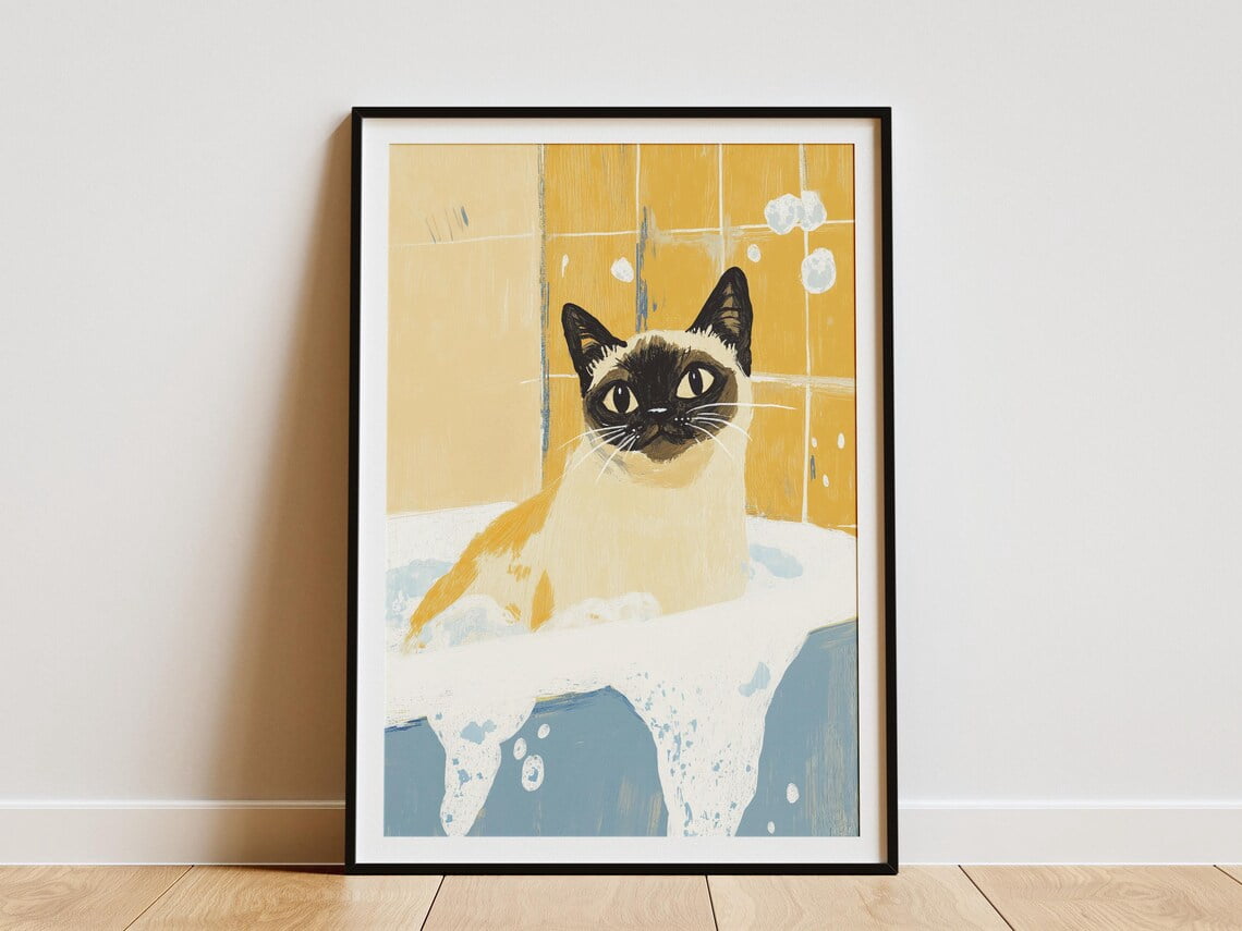 Modroom Siamese Cat Bathtub Poster Print Cute Cat Art Bathroom Wall ...