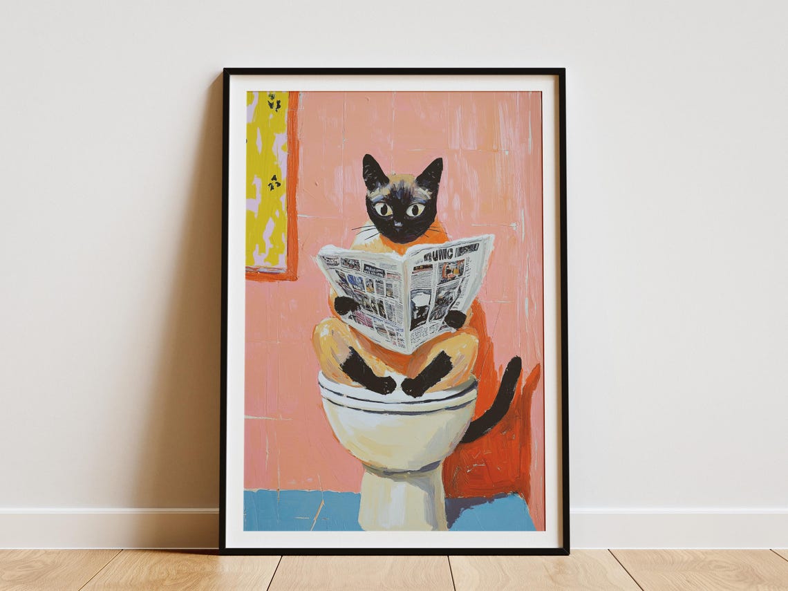 Modroom Siamese Cat Reading Newspaper On Toilet Poster Bathroom Poster ...