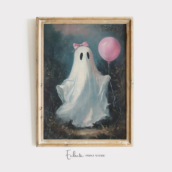 Modroom Spooky Ghost Print Ghost With Pink Balloon Coquette Ghost With Bow Vintage Decor Dark Academia Decor Wall Art, Modern Decor, 16x24 UNFRAMED