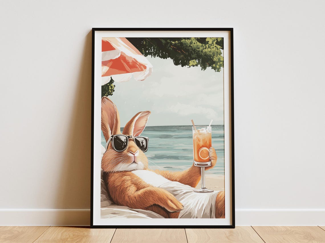 Cool Rabbit Poster Modroom Summer Beach Rabbit Cocktail Poster Cute Bunny Art Print ...