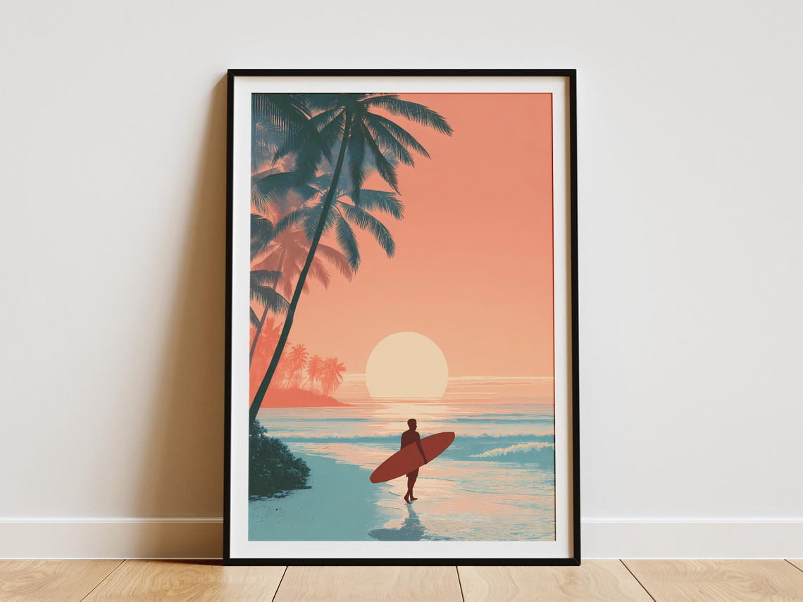 Modroom Surfer Beach Poster Golden Hour Wall Art Tropical Print Coastal — free download
