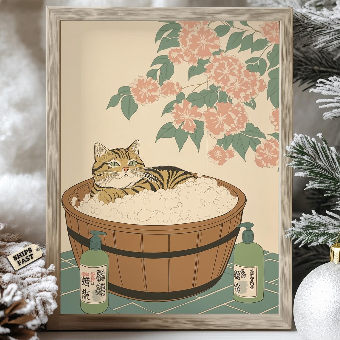 Modroom Tabby Cat Bathtub Poster Relaxing Wooden Tub Pastel Zen Wall ...