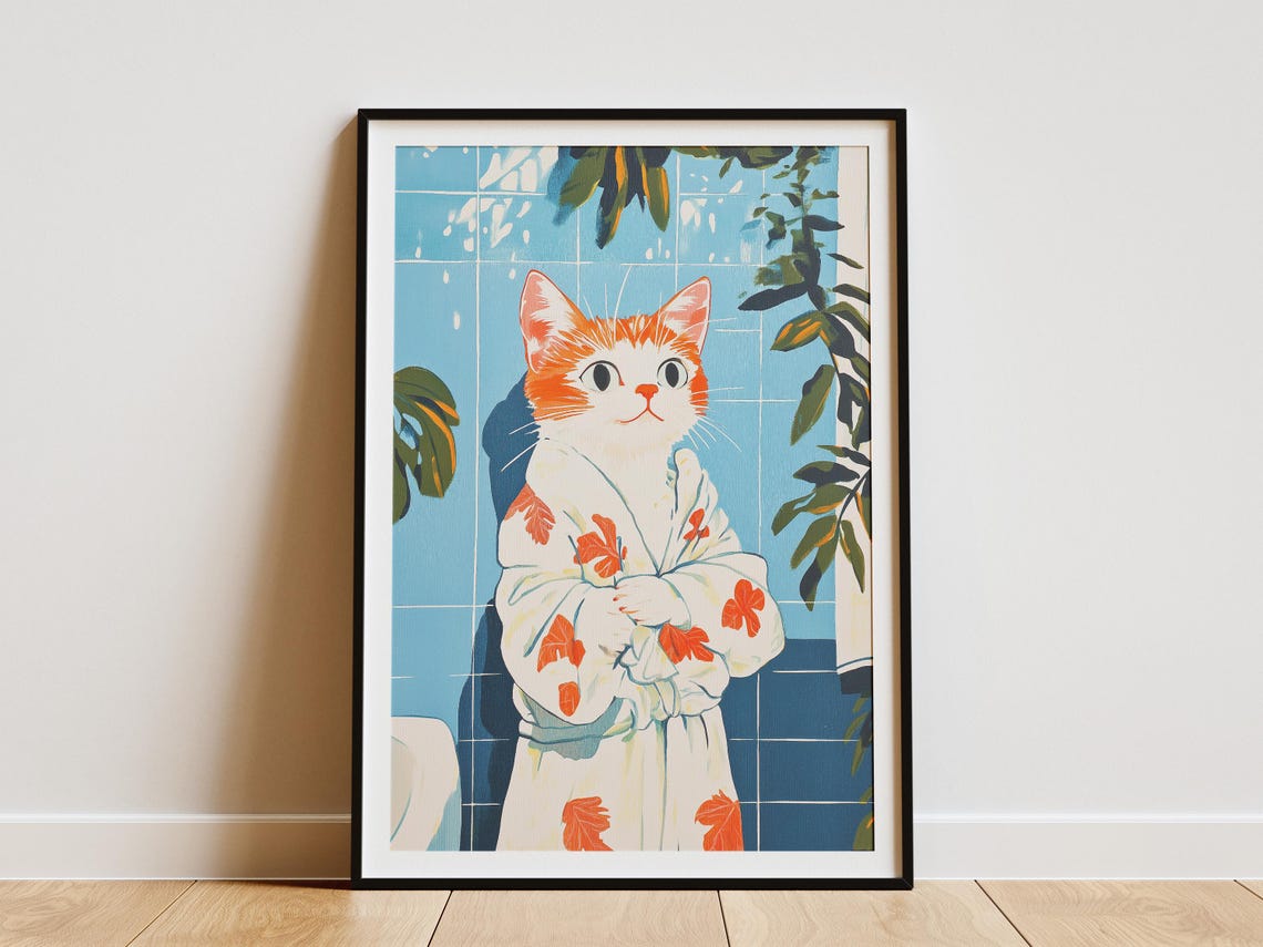 Modroom Turkish Van Kitten Art Print Cat In Bathrobe Poster Bathroom ...