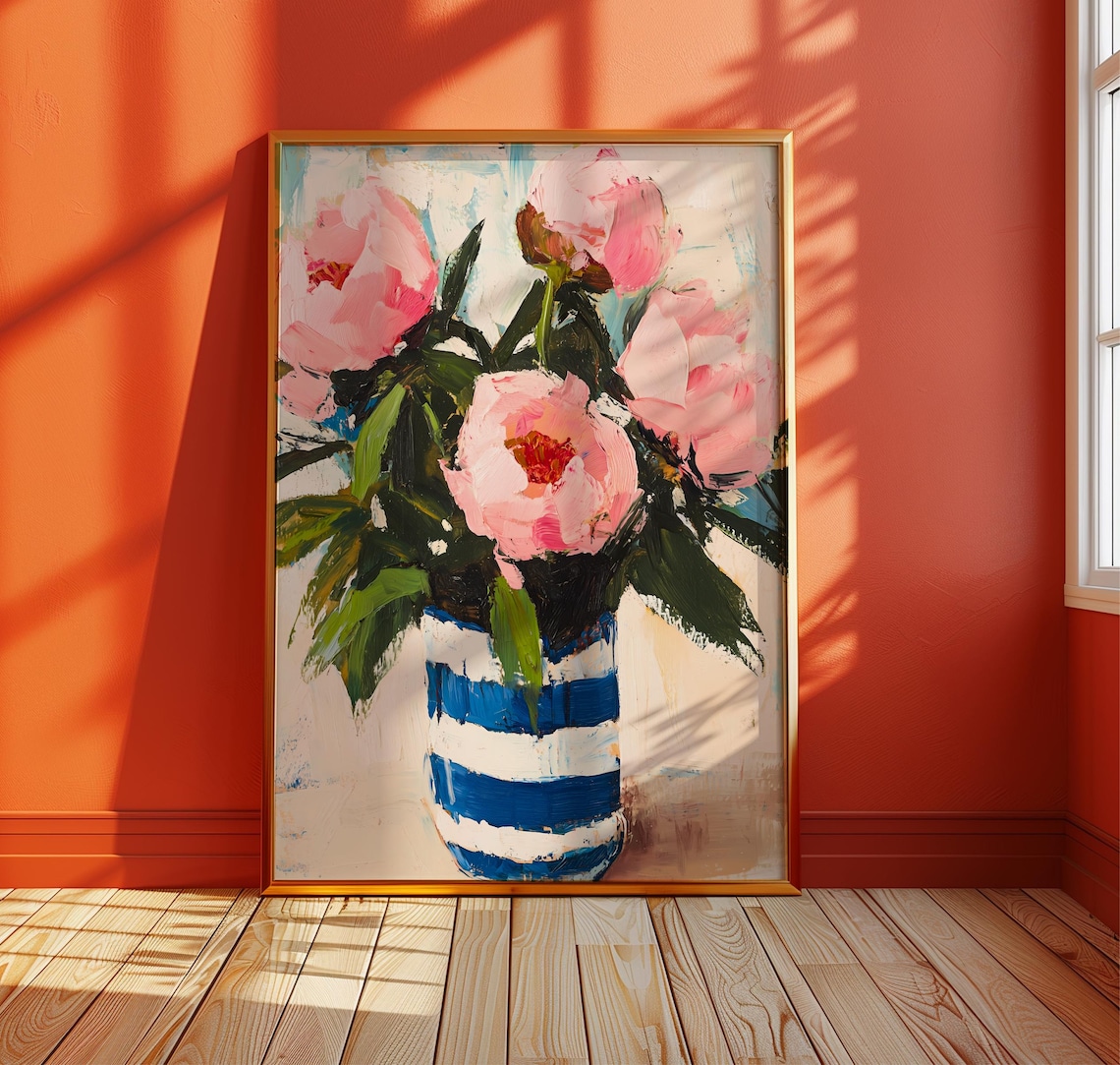 Modroom Vintage Pink Peonies Print, Impressionist Floral Art, Blue ...