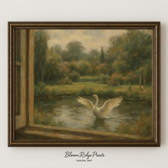 Modroom Vintage Swan Lake Print | Tranquil Nature Wall Art | Romantic Bird Landscape | English Countryside Scene Decor Wall Art, Modern Wall Decor, 24x36 UNFRAMED
