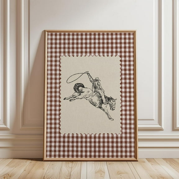 Modroom Vintage Western Cowboy Wall Art, Gingham Cowboy Print, Western Print For Boy Bedroom, Southwest Art, Textile Wall Art Wall Art, Modern Wall Decor, 8x12 UNFRAMED