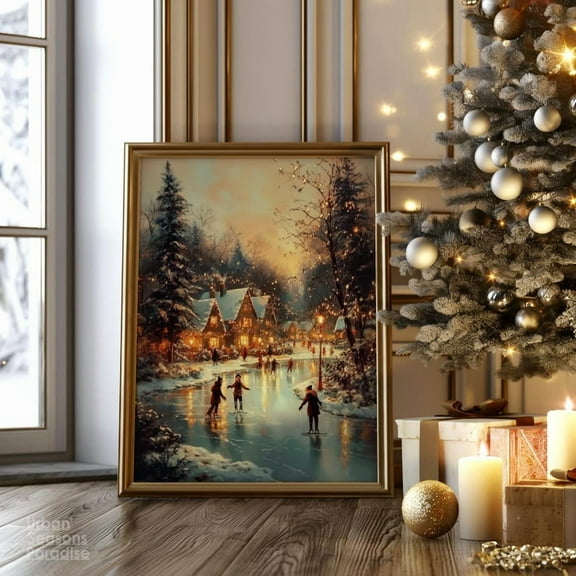 Modroom Vintage Winter Holiday Ice Skate Wall Art, Cozy Winter Town Night Scene For Seasonal Decor Wall Decor, 16x24 UNFRAMED