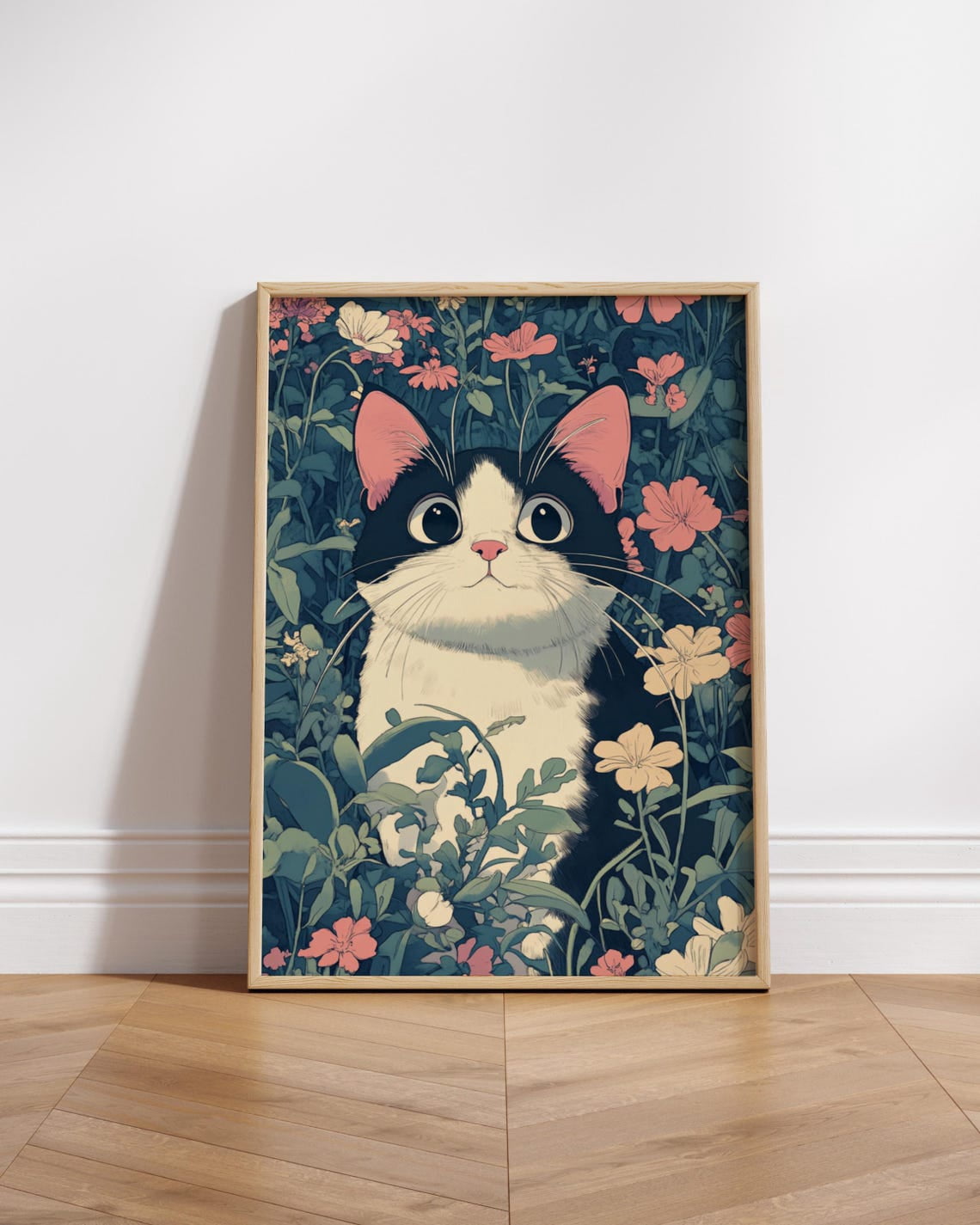 Modroom Whimsical Cat Nature Poster, Cute Cat Art Print, Floral Wall ...