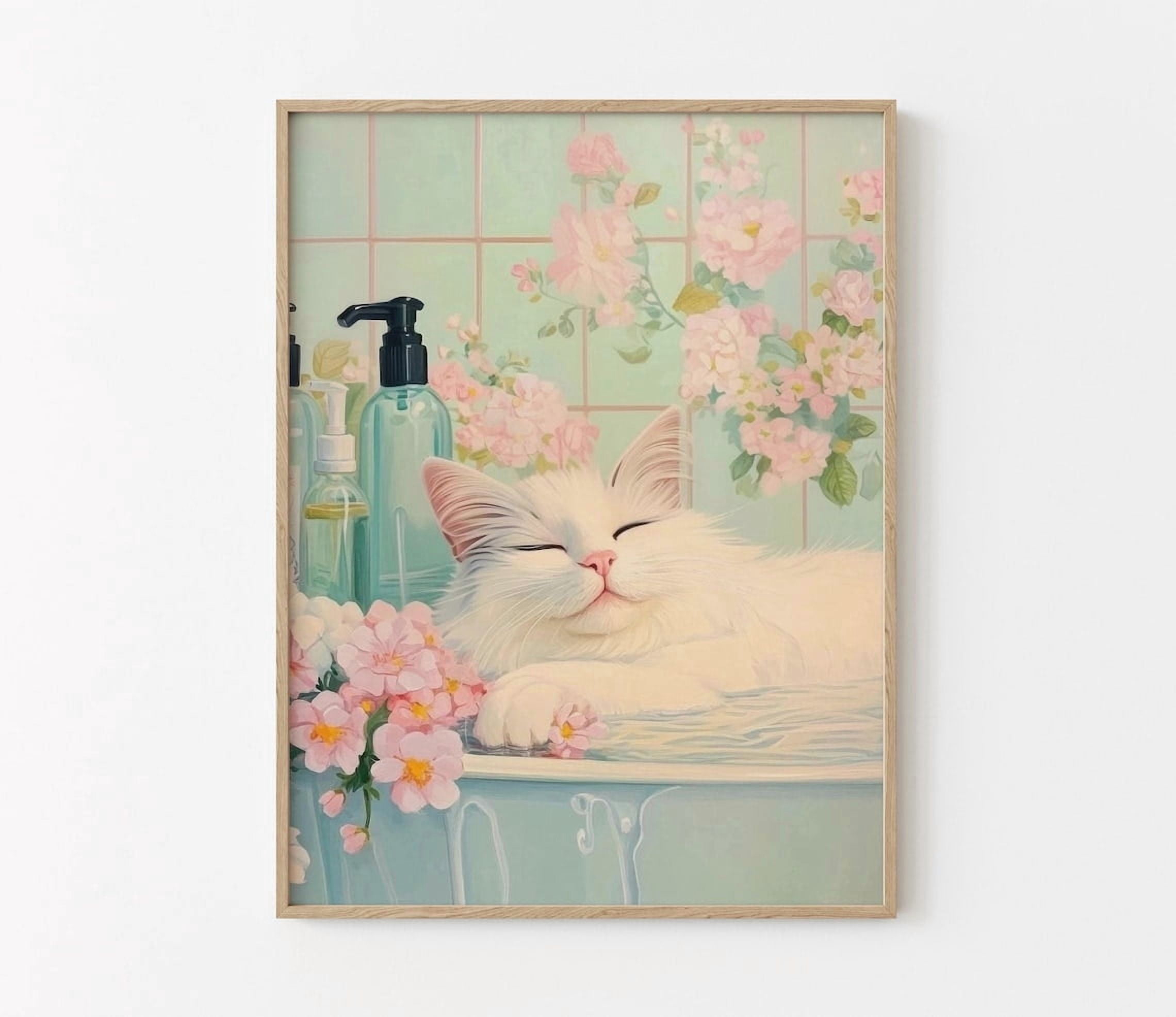 Modroom White Cat In A Bathtub Print | Japanese Bathroom Wall Art ...