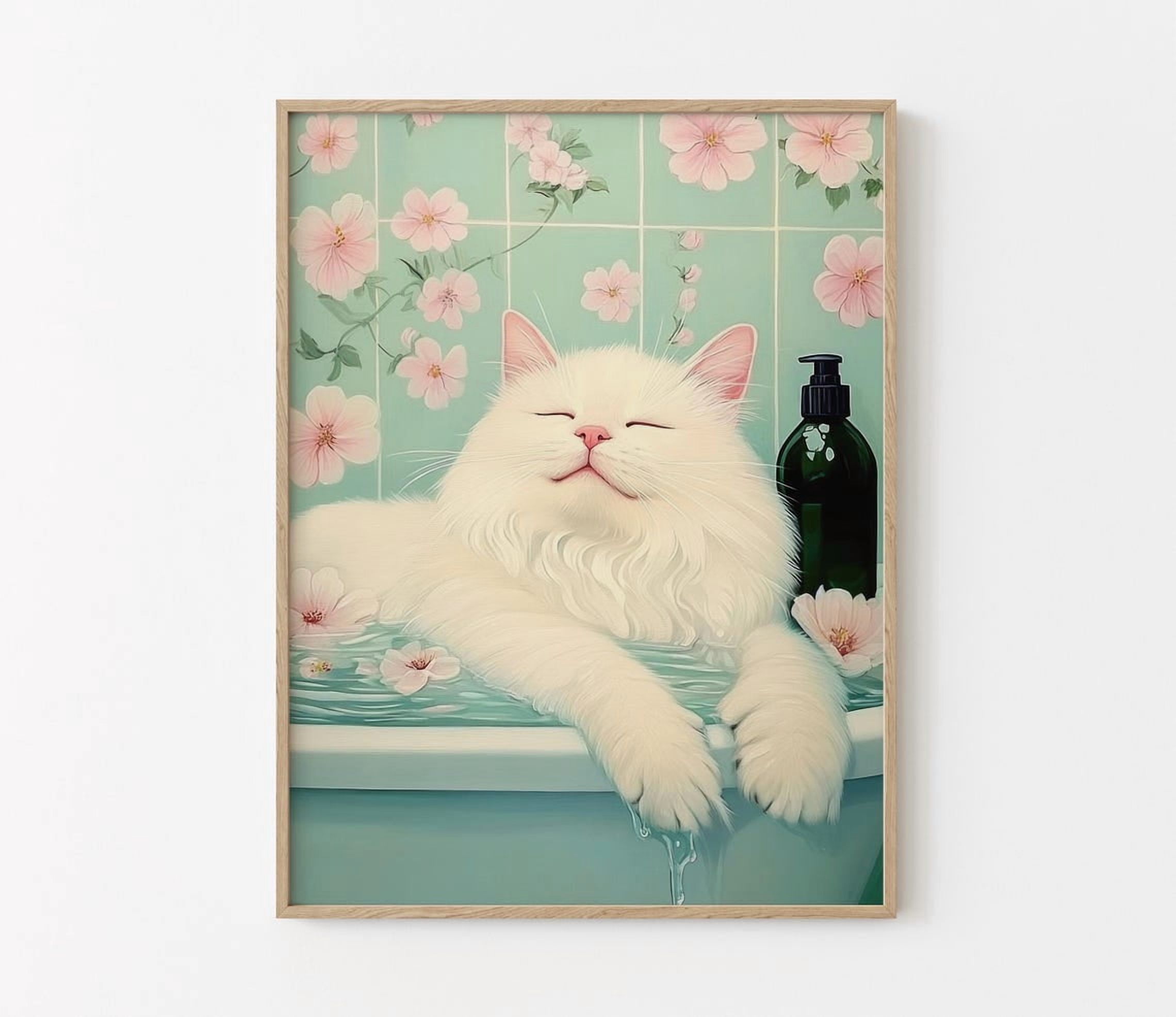 Modroom White Cat In A Bathtub Print | Japanese Bathroom Wall Art ...