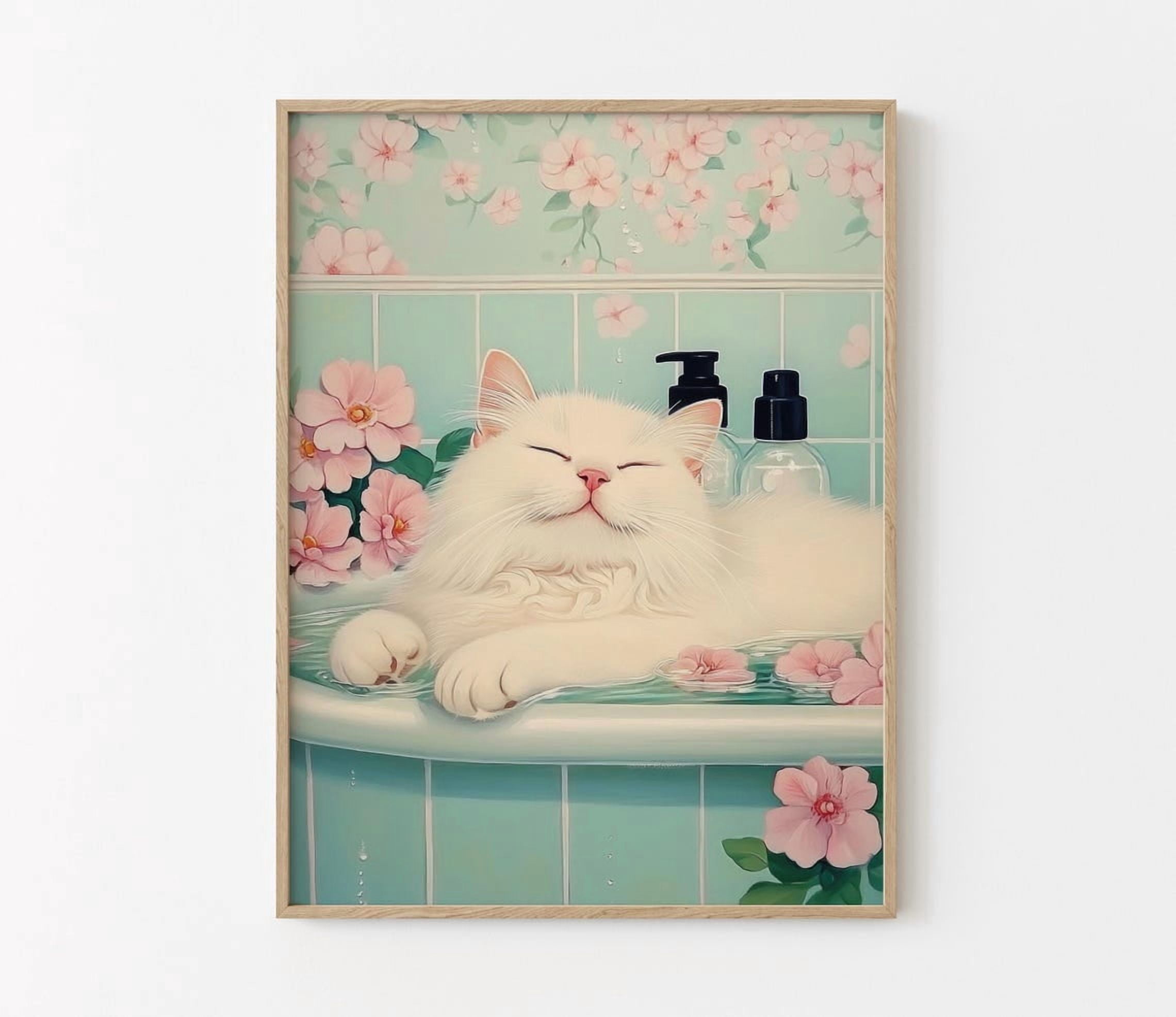 Modroom White Cat In A Bathtub Print | Japanese Bathroom Wall Art ...