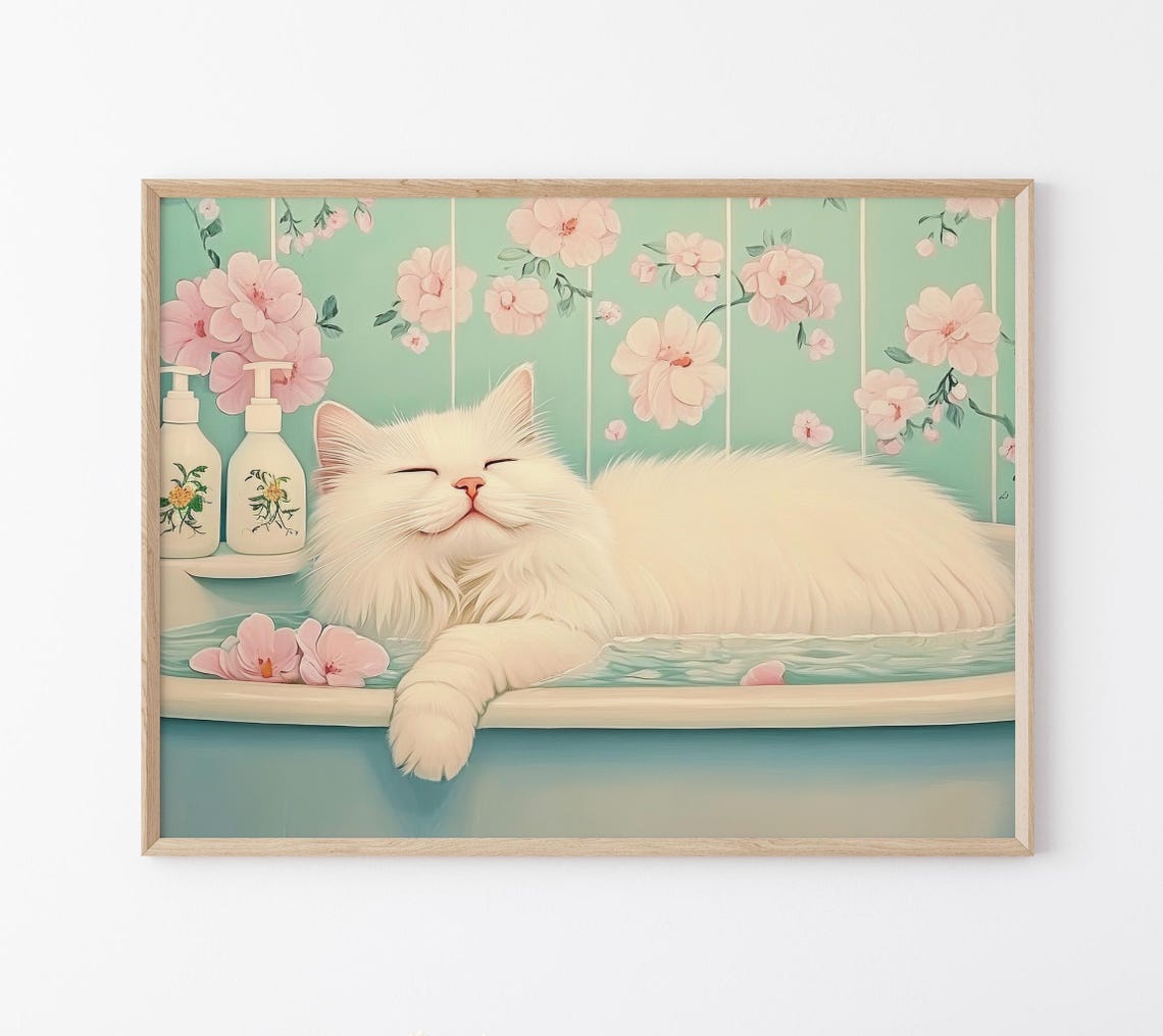 Modroom White Cat In A Bathtub Print | Japanese Bathroom Wall Art ...