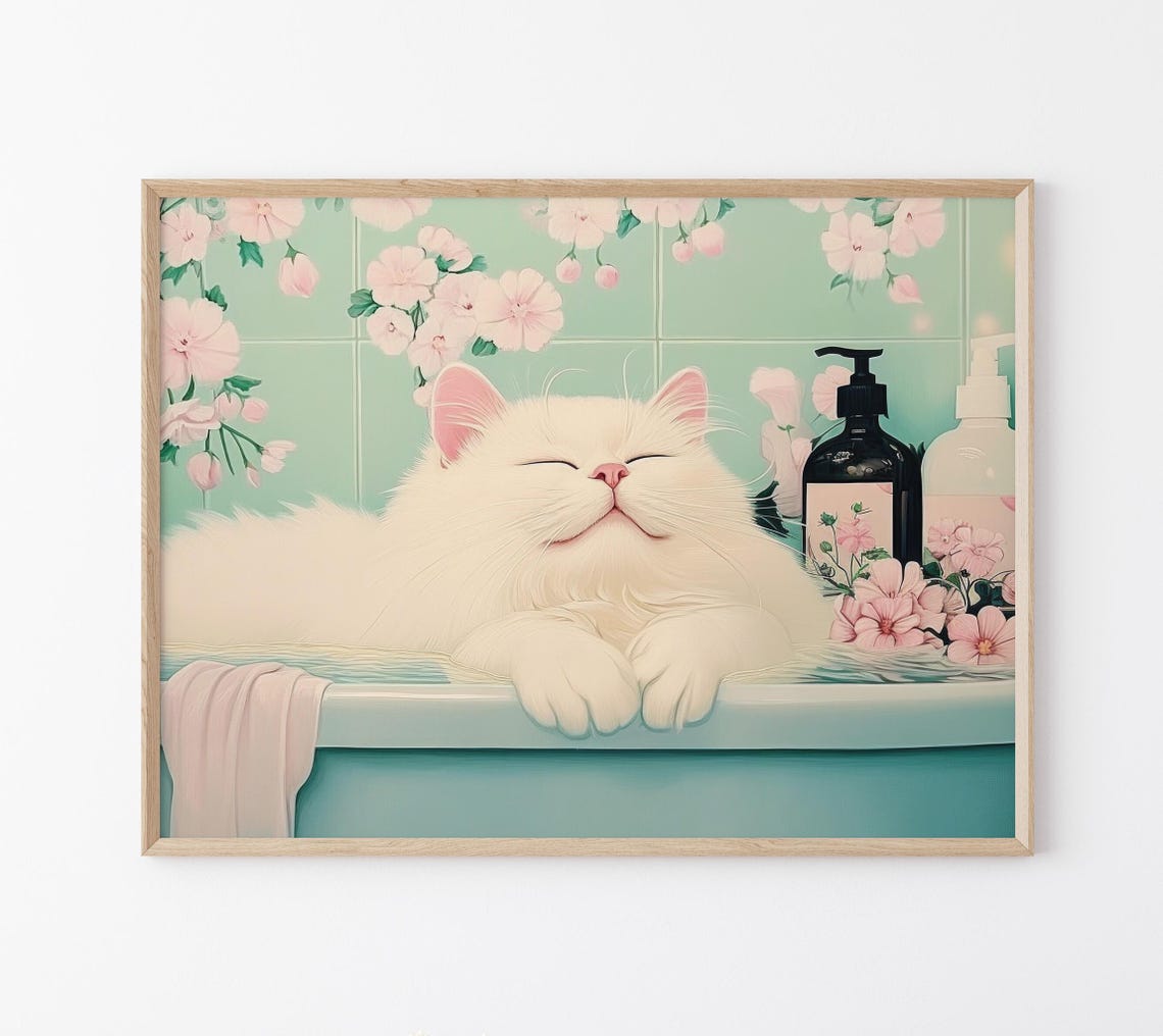 Modroom White Cat In A Bathtub Print | Japanese Bathroom Wall Art ...