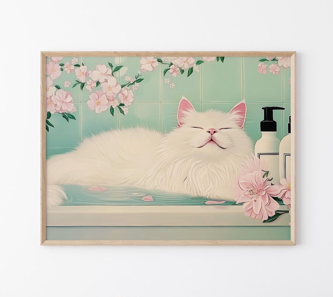 Modroom White Cat In A Bathtub Print | Japanese Bathroom Wall Art ...