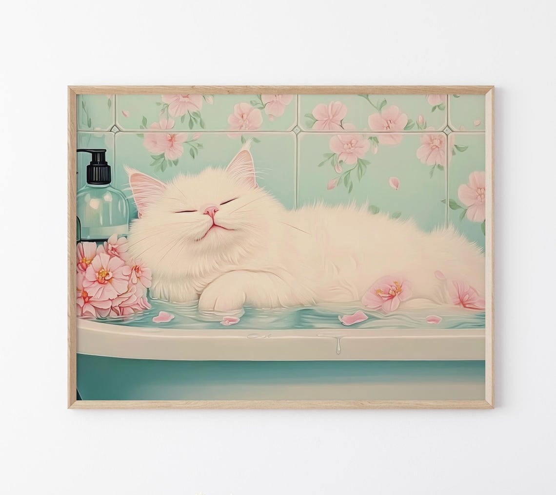 Modroom White Cat In A Bathtub Print | Japanese Bathroom Wall Art ...
