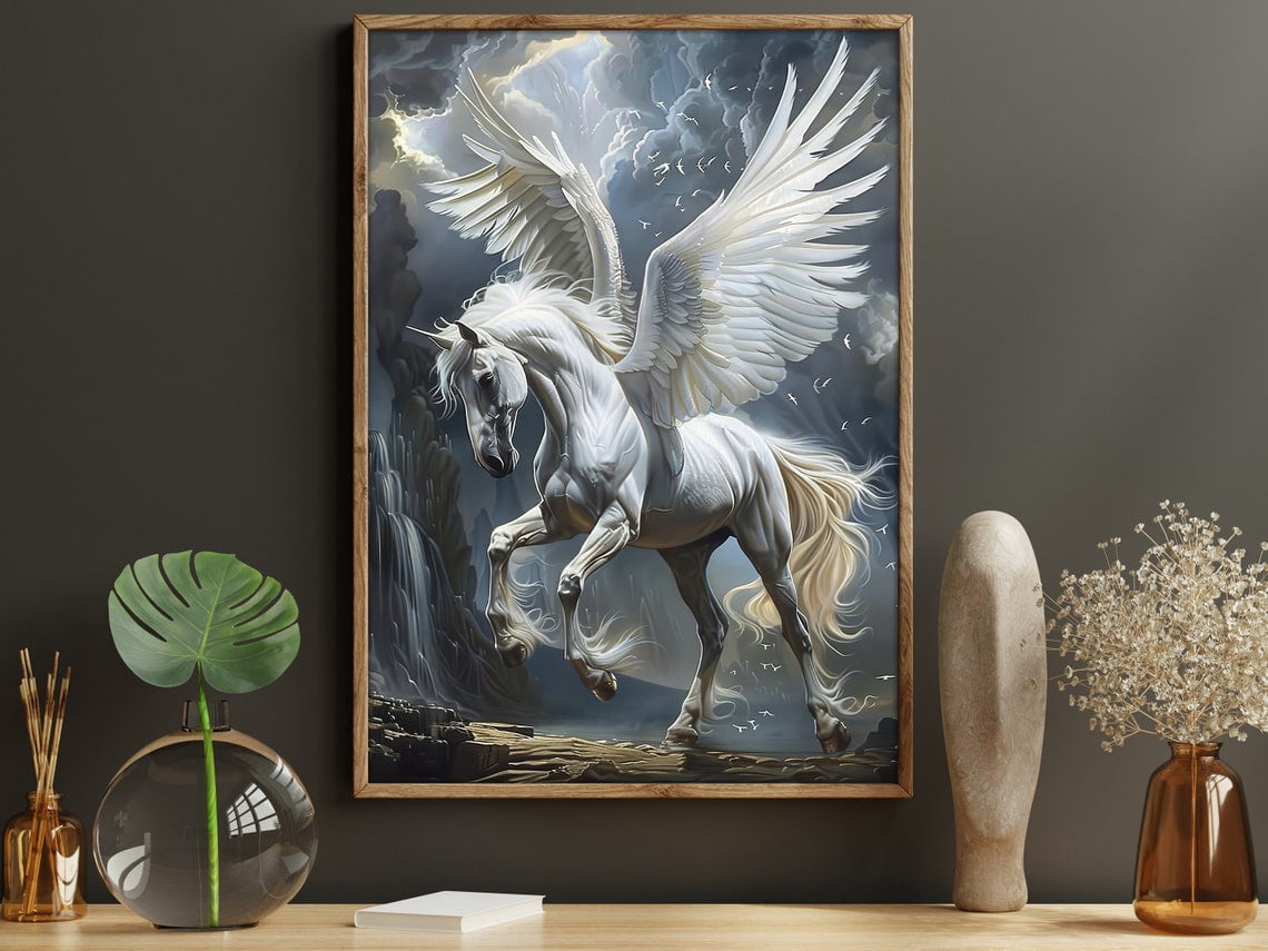 Modroom White Pegasus Poster, Mythical Winged Horse Wall Art, Legendary ...