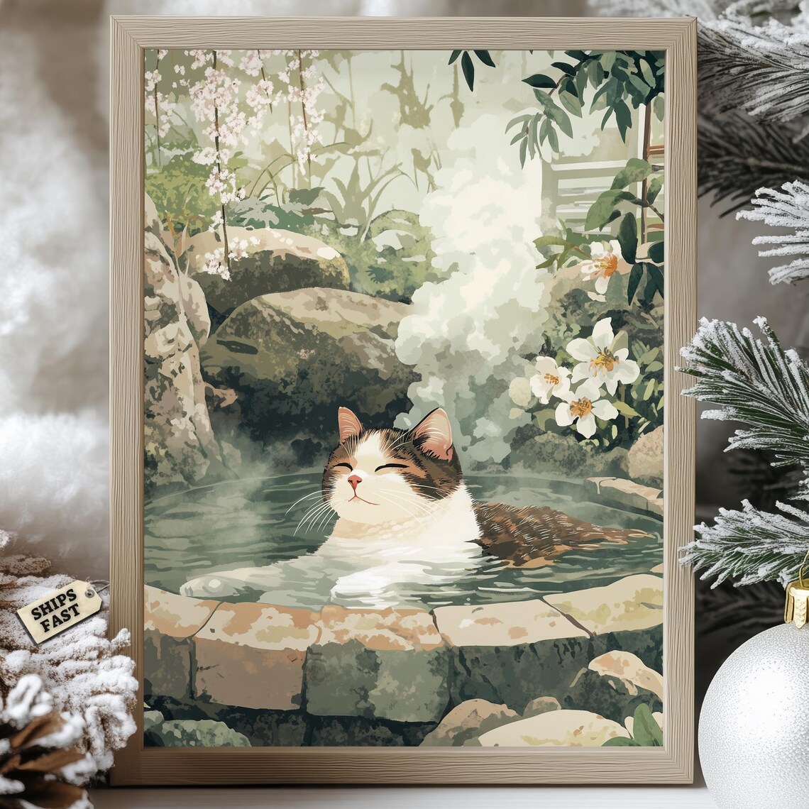 Modroom Zen Cat Onsen Poster Japanese Garden Relaxing Hot Spring Wall ...