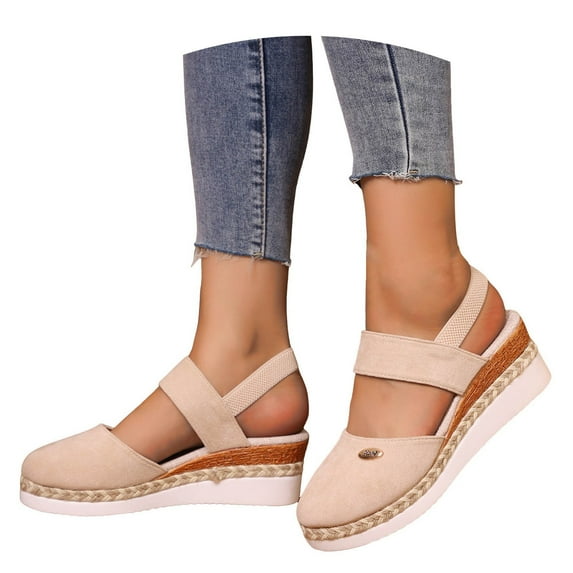 Modsatep Women's Closed Toe Platform Wedge Sandals Comfortable Ankle Strap Summer Dressy Espadrilles Low Heels Shoes Beige 6.5