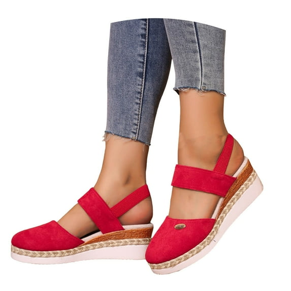 Modsatep Women's Closed Toe Platform Wedge Sandals Comfortable Ankle Strap Summer Dressy Espadrilles Low Heels Shoes Red 9