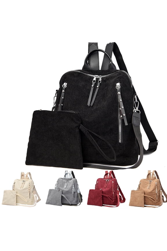 2pcs Corduroy Backpack Purse for Women Leather Strap College Casual Zipper Schoolbag Ladies Travel Daypack Wallet Set