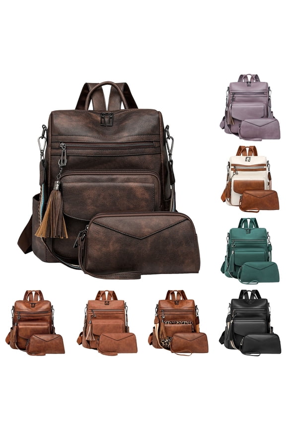 2pcs Women Leather Backpack and Wallet Retro Zipper Compartment Daypack Travel Lightwight Purse with Adjustable Strap Black