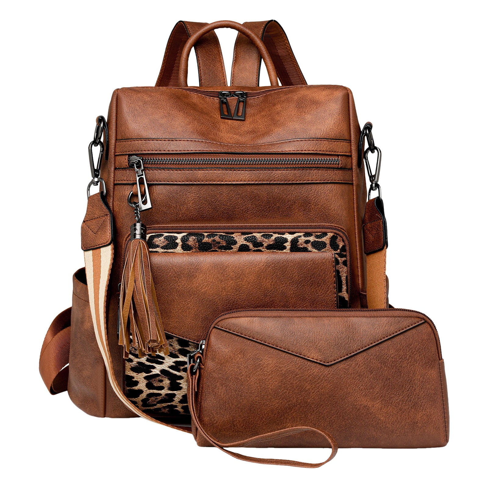 Modstep 2pcs Women Leather Backpack and Wallet Retro Zipper Compartment Daypack Travel Lightwight Purse with Adjustable Strap Brown