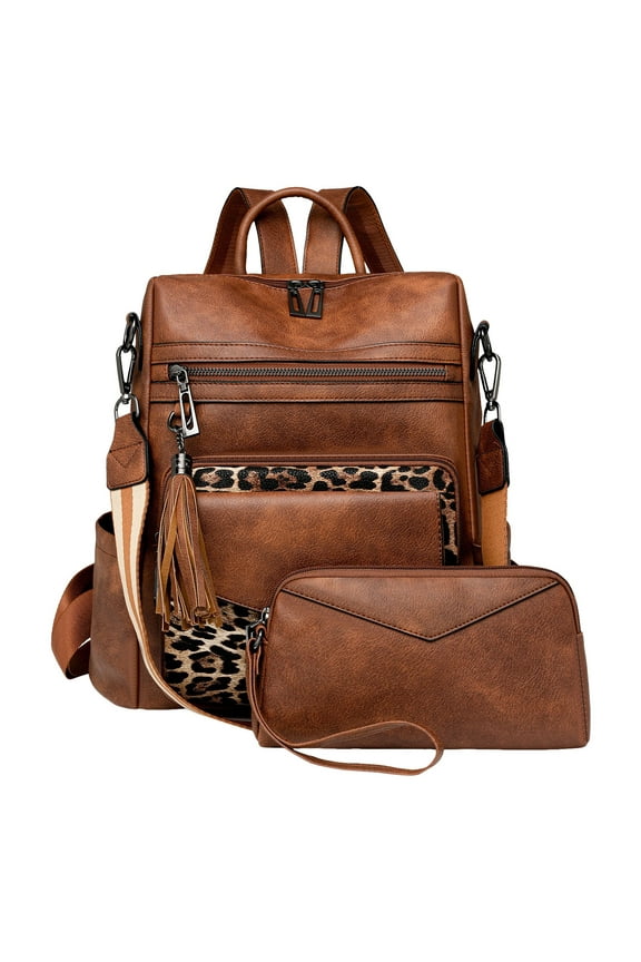 2pcs Women Leather Backpack and Wallet Retro Zipper Compartment Daypack Travel Lightwight Purse with Adjustable Strap Brown