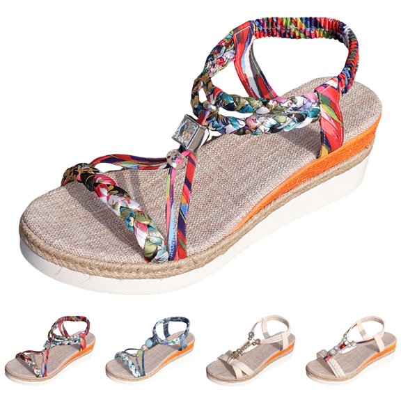 Modstep Bohemia Women Wedge Sandals with Woven Ankle Strap Summer Vacation Beaded Slide Sandal Casual Dress Walking Shoes size 7 Red