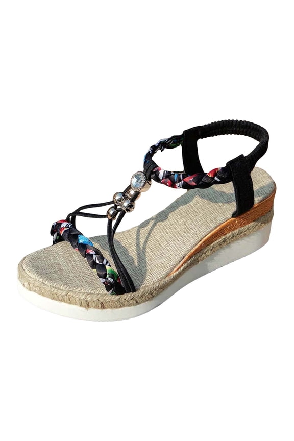 Bohemian Wedge Sandals for Women Casual Platform Orthopedic Comfortable Walking Sandal 2026 Summer Beach Beaded Shoes 8.5 Black