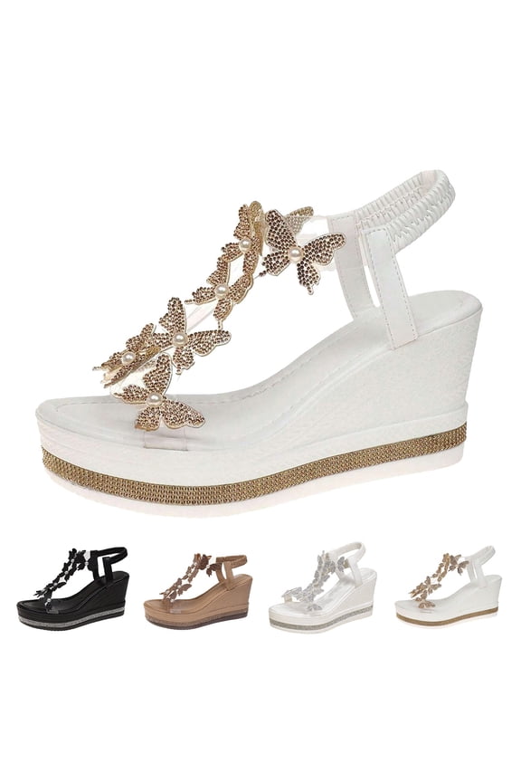 Butterfly Rhinestone Platform Sandals for Women Summer Vacation Wedge Slides Outdoor Slip on Clear Strap Sandal Shoes size 7.5 Black