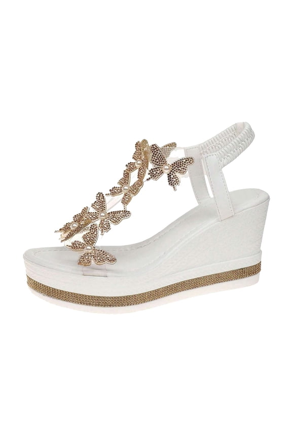 Butterfly Rhinestone Platform Sandals for Women Summer Vacation Wedge Slides Outdoor Slip on Clear Strap Sandal Shoes size 7 Gold