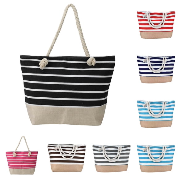 Modstep Canvas Beach Bag for Women Stripe Zipper Handbags Large Shoulder Purse Lunch Storage Pockets for Weekend Picnic Camping Black