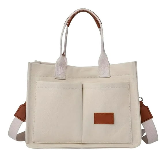 Modstep Canvas Tote Bag for Women Multiple Exterior Pockets Large Crossbody Shoulder Handbag College Shopper Purse with Detachable Strap White